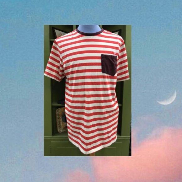 Volcom Men's Submission Red and Beige Striped Pocket T-shirt - Picture 2 of 5